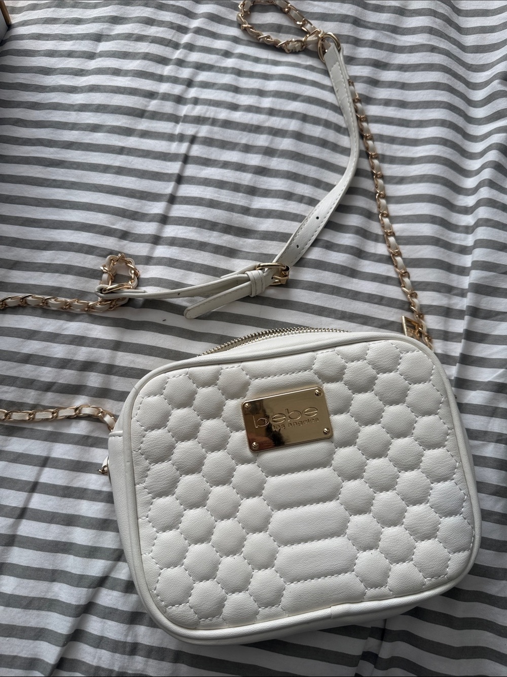 bebe White Quilted Crossbody with Gold Plate and Chain